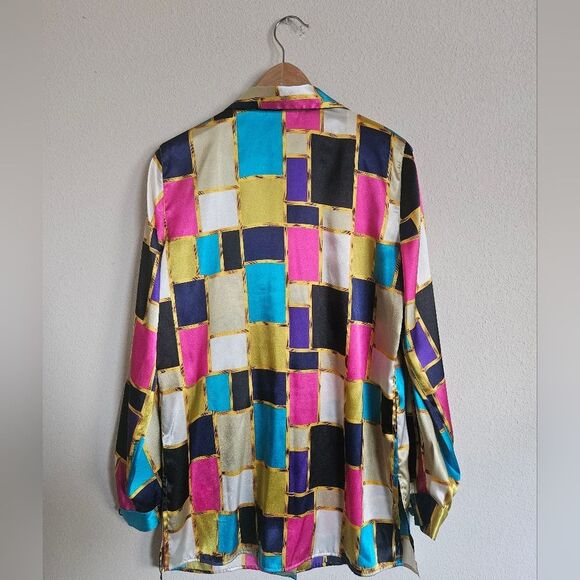Vintage Christie & Jill Colorful Colorblock Satin Button-down Long Blouse Size M - Picture 3 of 6